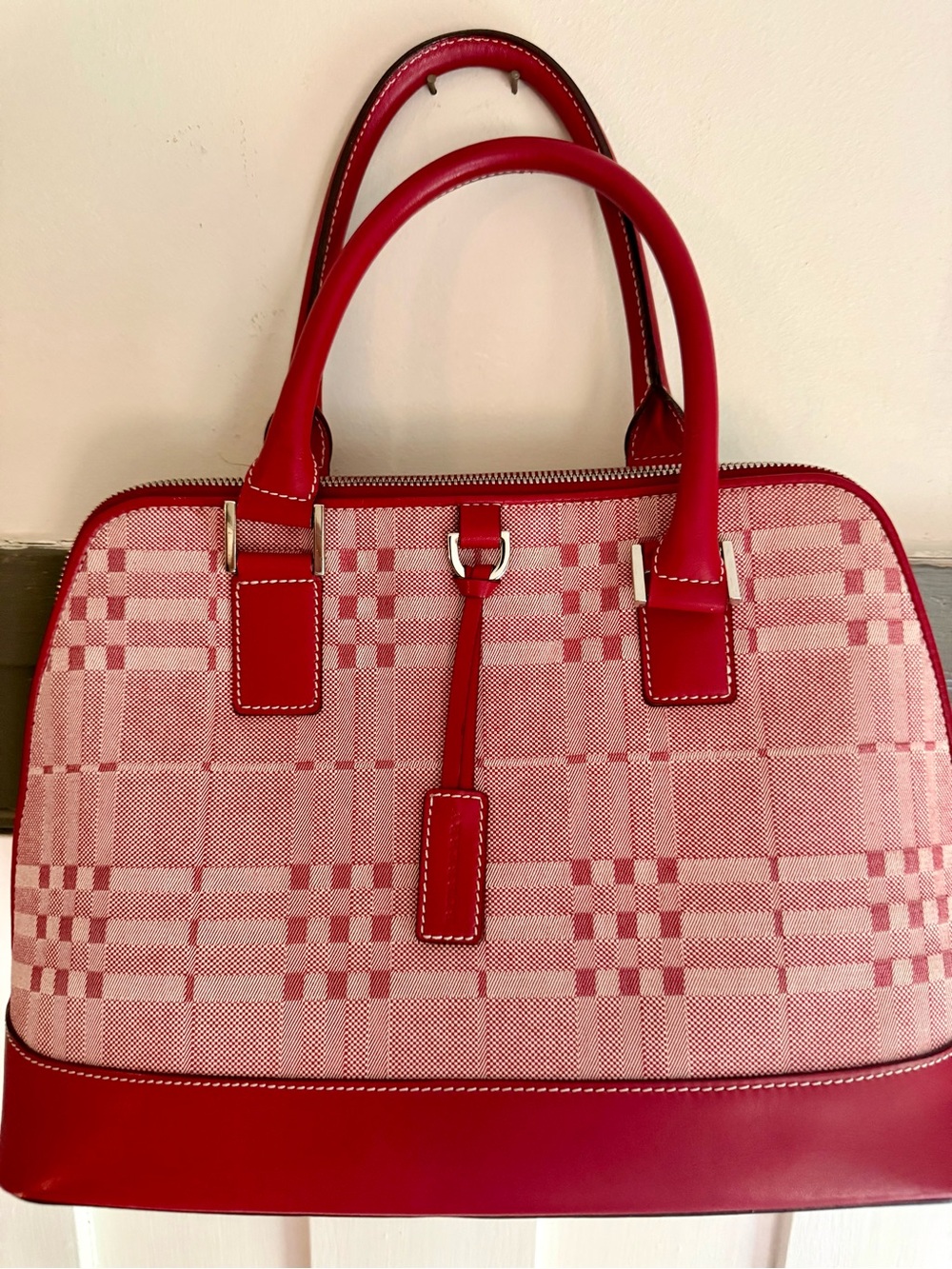 Burberry Red Plaid Satchel with Leather Trim